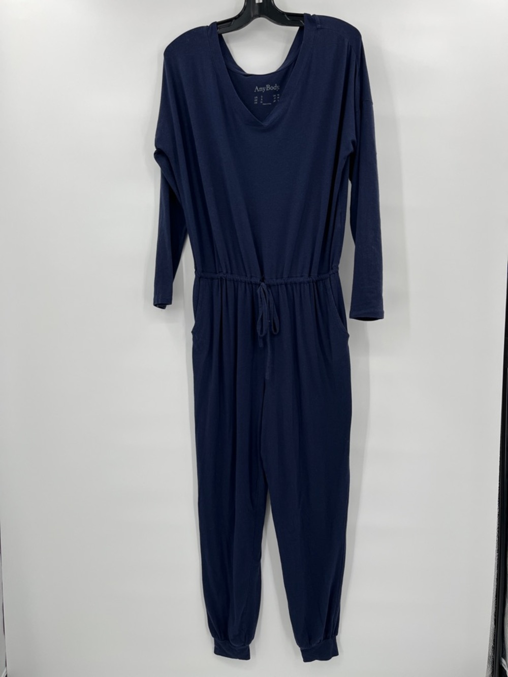 AnyBody Women’s Navy Long-Sleeve Drawstring Jumpsuit Size Small